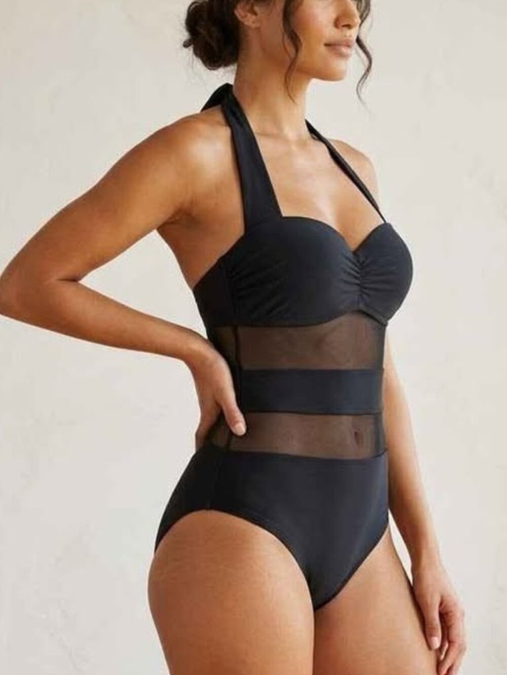Point Zero Black Mesh Halter One Piece Swimsuit Stretch Nylon Spandex Size 8D